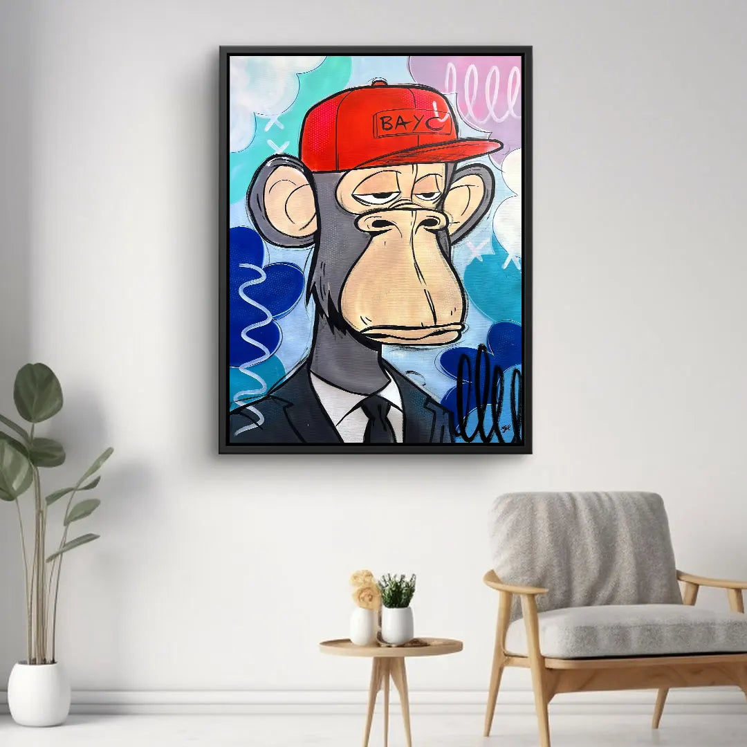 Modernes Wandbild Affe im Anzug mit roter Kappe, Pop Art Stil, bunte Hintergründe