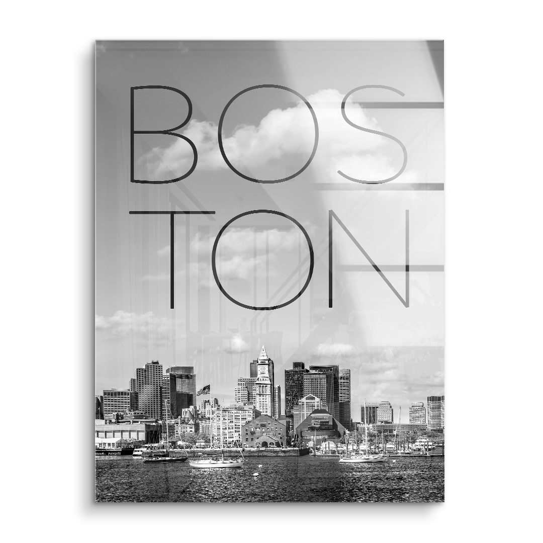 Schwarz-Weiß-Wandbild mit Boston Skyline, moderne Stadtansicht mit Wasser und Himmel