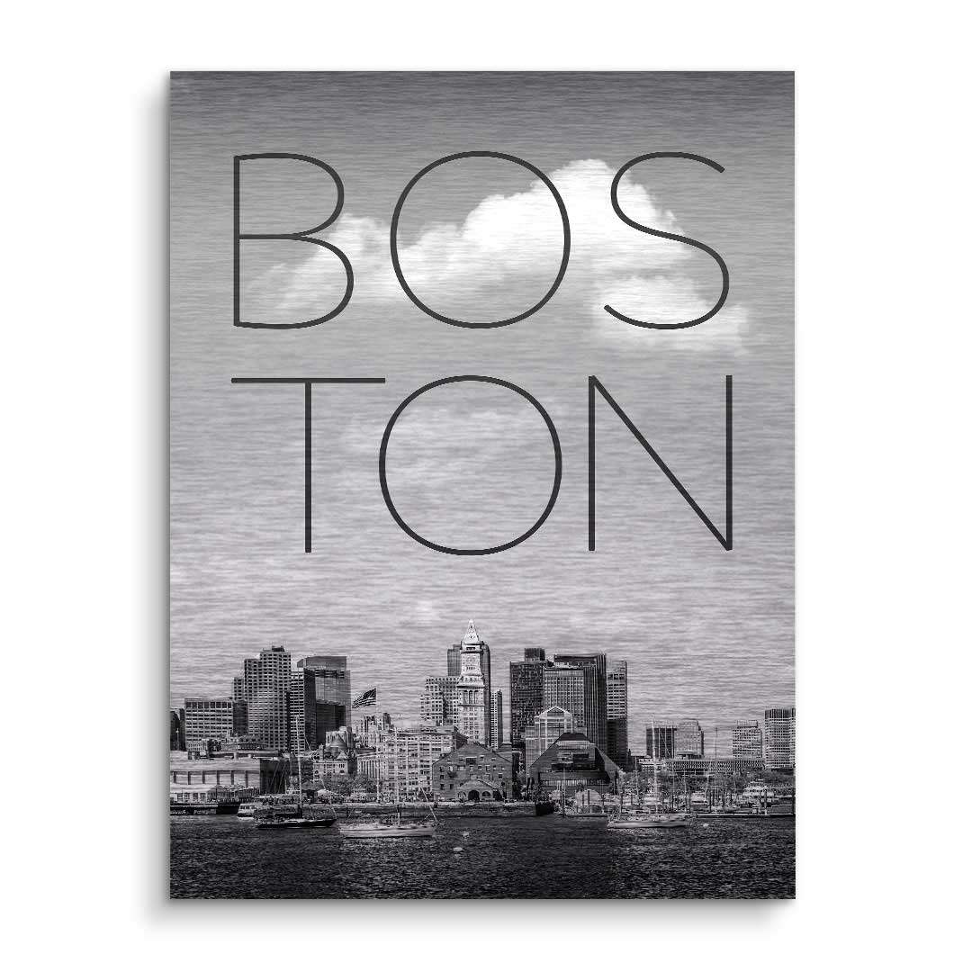 Schwarz-weiß Wandbild Boston Skyline mit großem Schriftzug, modernes Stadtbild Kunstwerk.