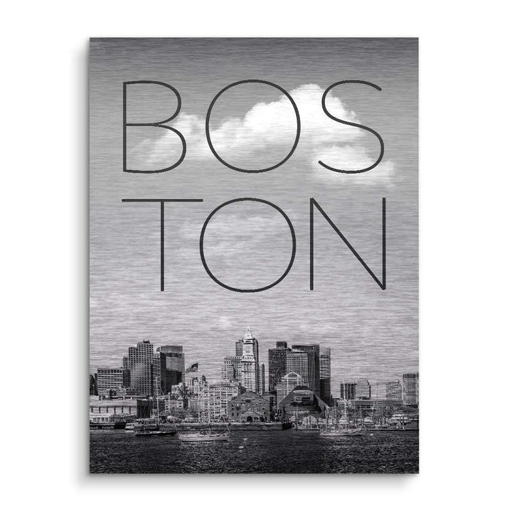 Schwarz-weiß Wandbild Boston Skyline mit großem Schriftzug, modernes Stadtbild Kunstwerk.
