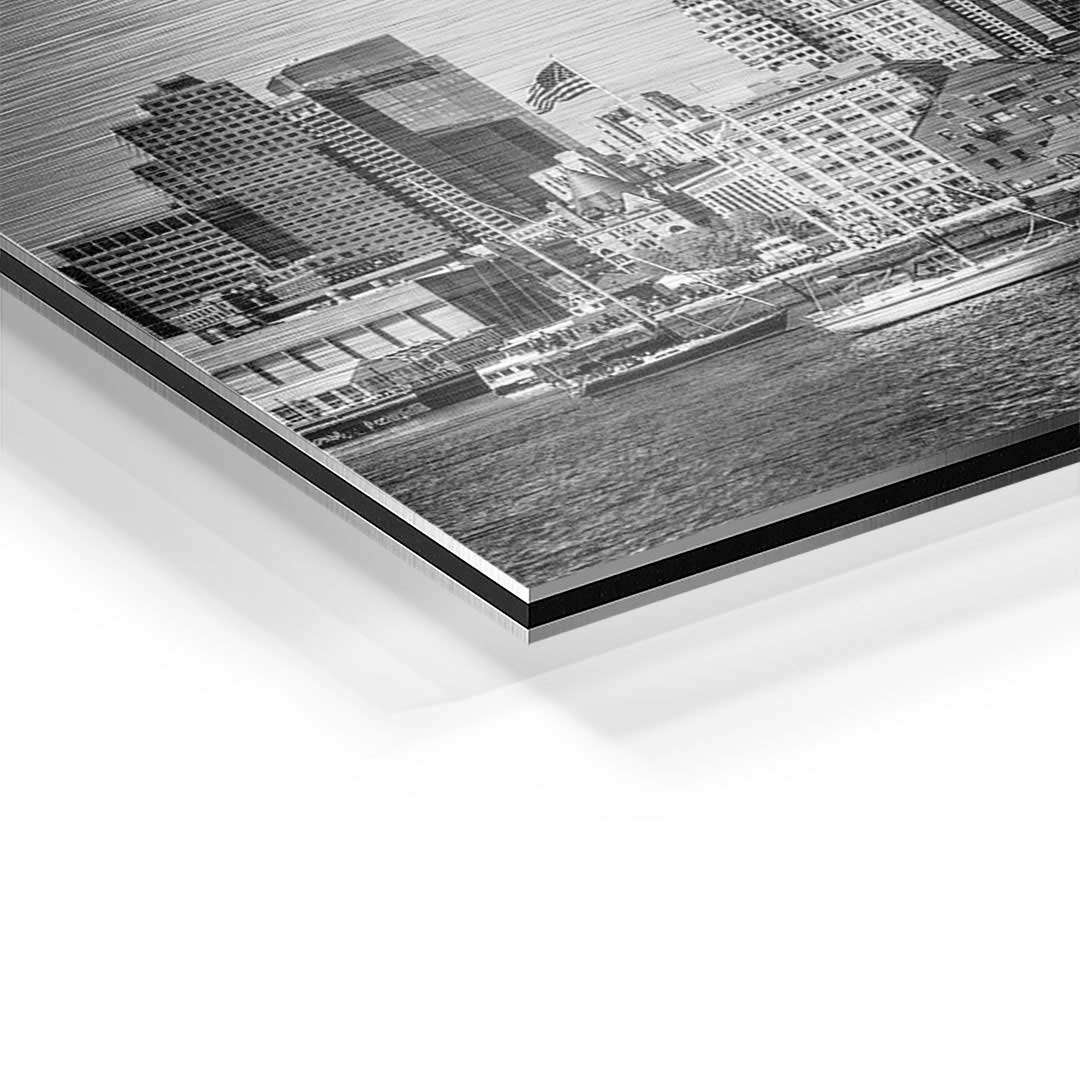 Detailaufnahme Wandbild Boston Skyline auf Aluminium, moderne City-Kunst in Schwarz-Weiß