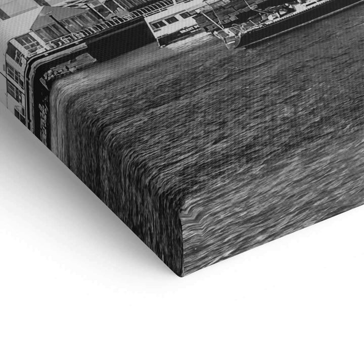 Detail einer schwarz-weißen Leinwand mit Boston Skyline, strukturierte Oberfläche