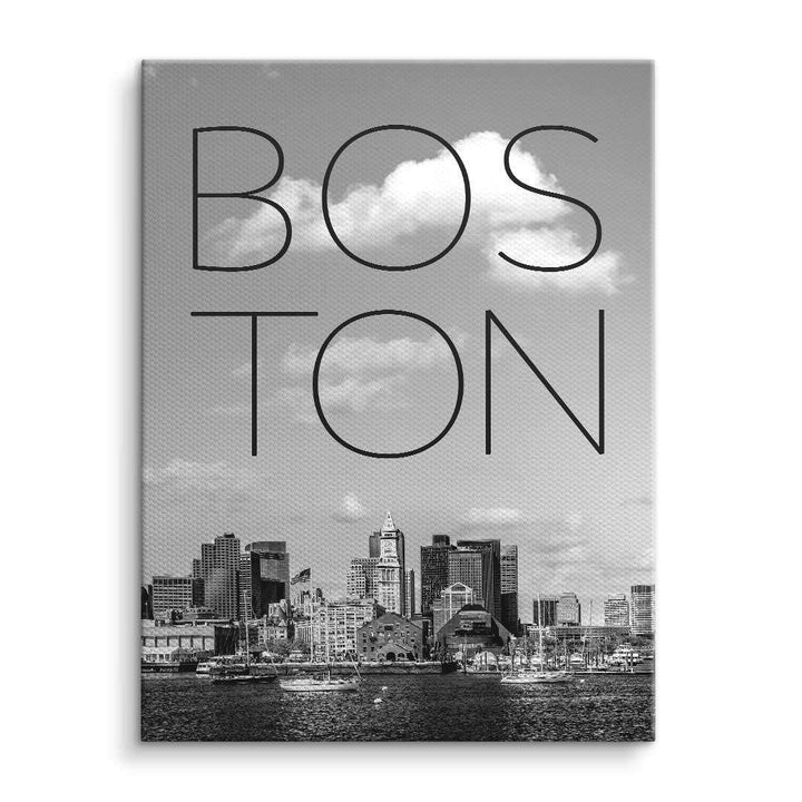 Schwarz-weiß Wandbild Boston Skyline mit großem Schriftzug, moderne Kunst auf Leinwand