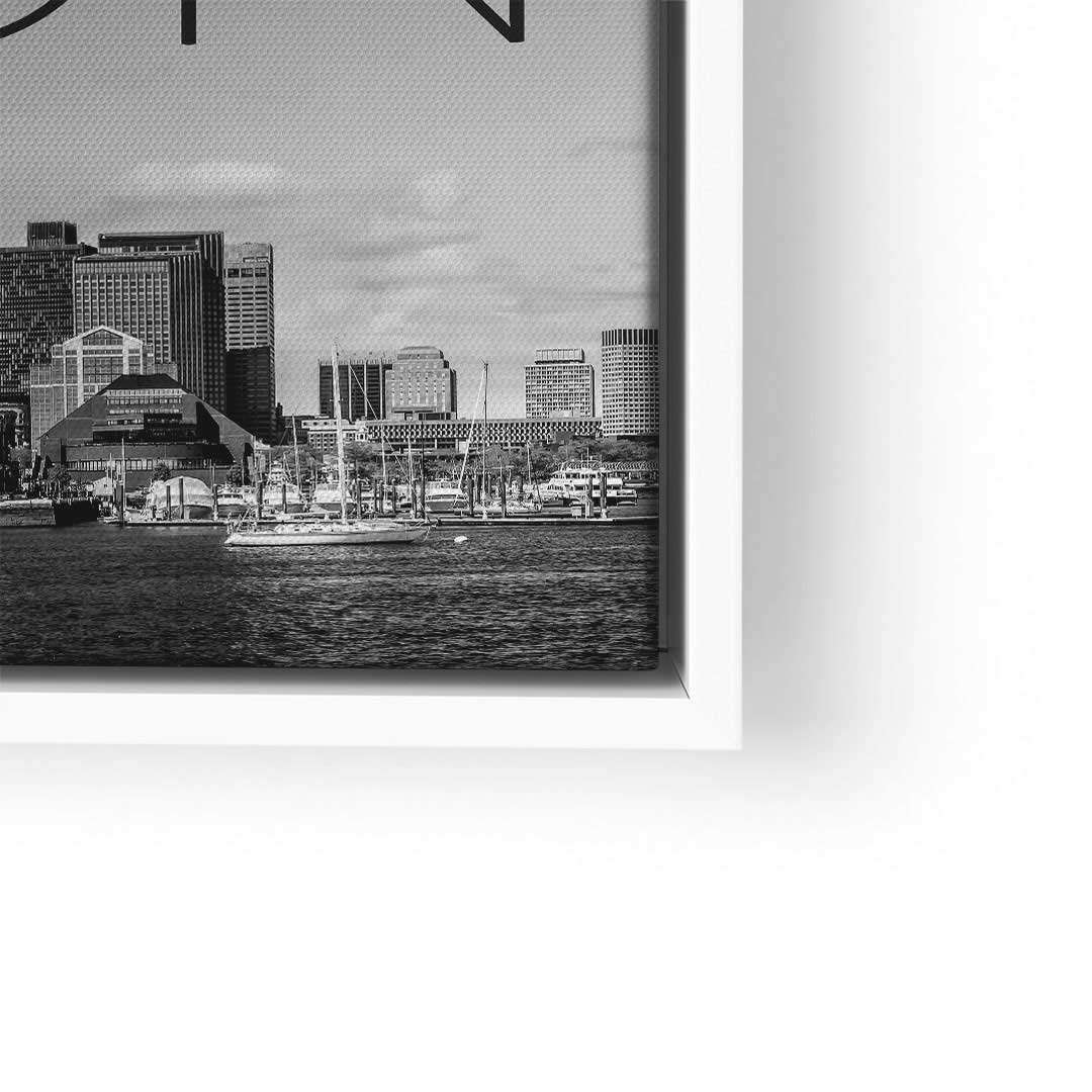 Schwarzweißes Wandbild Boston Skyline mit Booten am Wasser, moderne Stadt Kunst