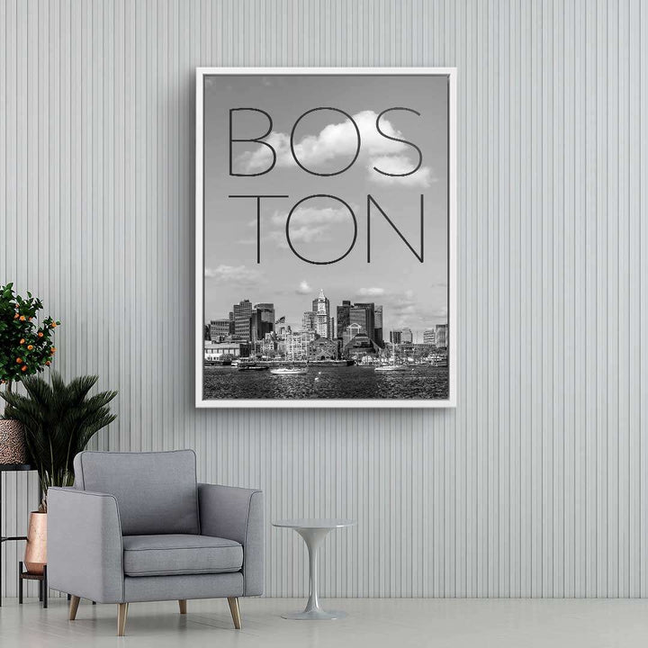 Schwarzweiß Wandbild Boston Skyline mit großem Schriftzug, modernes Wohnzimmer Dekor