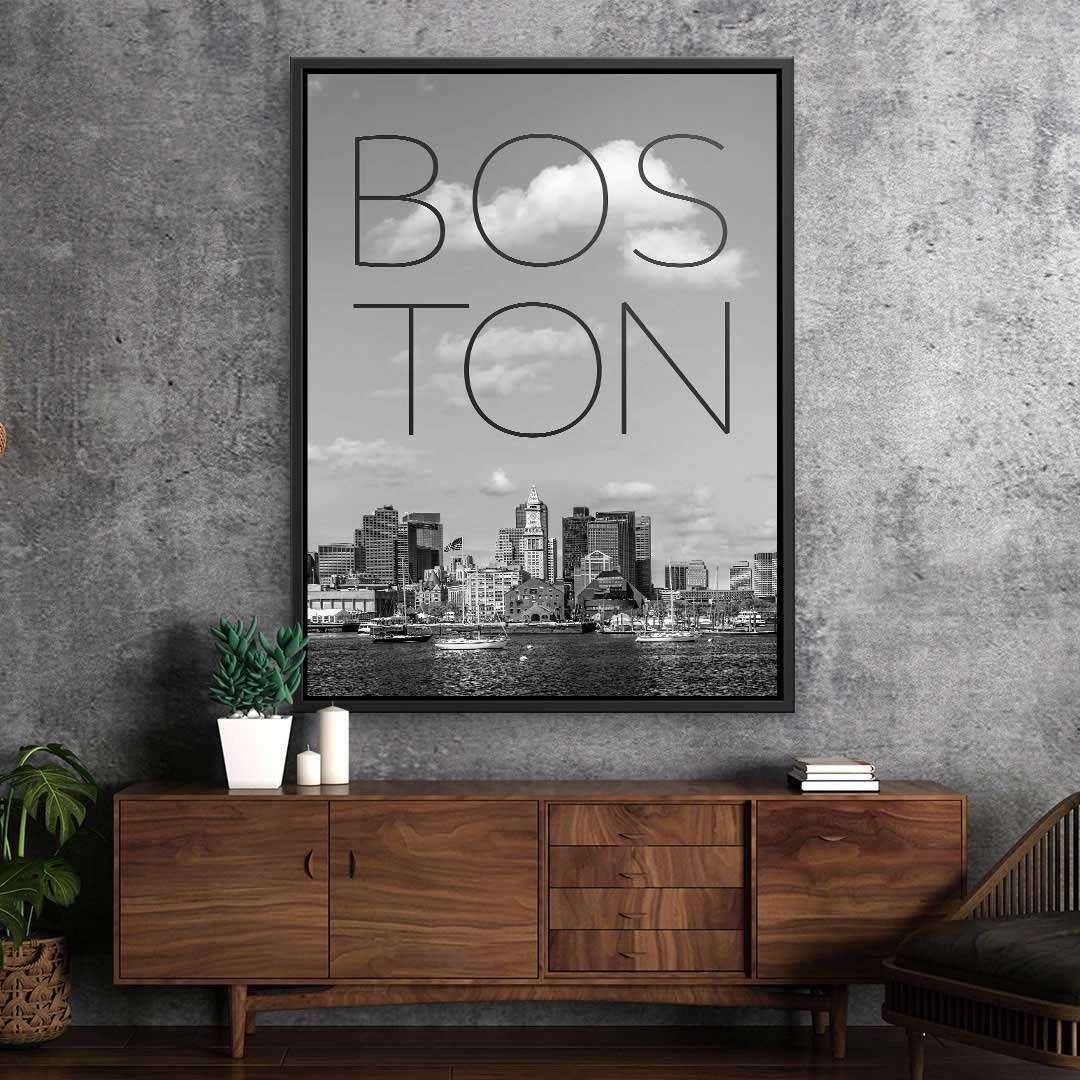 Schwarz-weißes Wandbild Boston Skyline modern, dekorativ über Holzsideboard mit Pflanzen