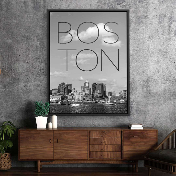 Schwarz-weißes Wandbild Boston Skyline modern, dekorativ über Holzsideboard mit Pflanzen