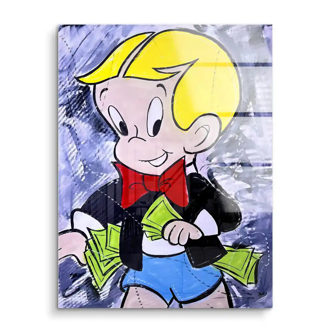 Pop Art Wandbild mit Comic-Junge, Geldscheinen und roter Schleife auf blauem Hintergrund