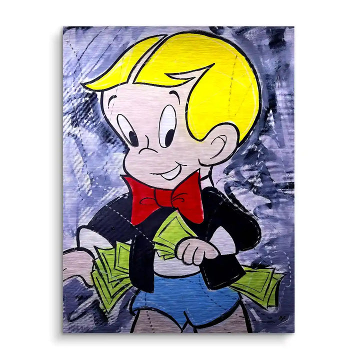 Comic Stil Wandbild Junge mit Geldbündeln, Pop Art Kunst auf gebürstetem Hintergrund