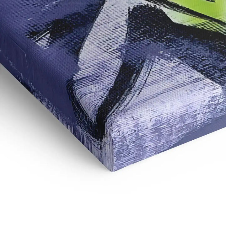 Detailansicht eines modernen Leinwand Wandbilds mit abstraktem Kunstmotiv in Blau und Grün