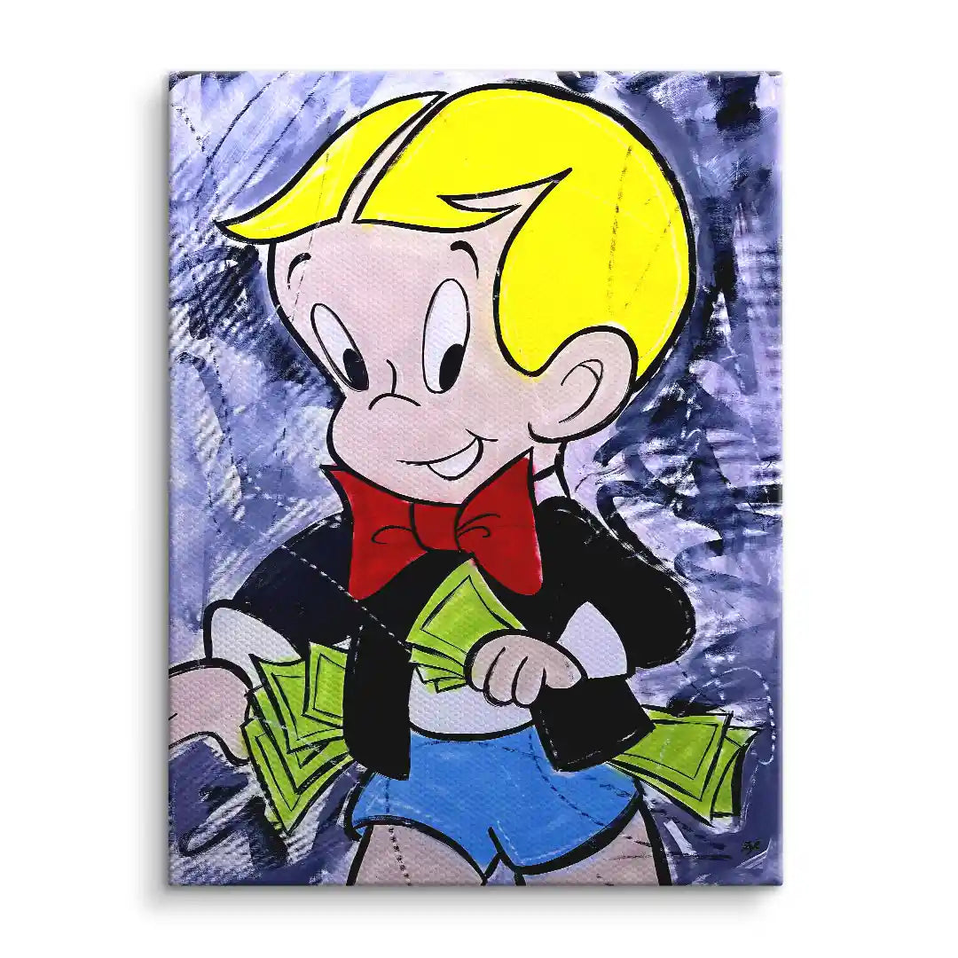 Comic Junge mit blondem Haar, roter Schleife und Geld auf Pop Art Wandbild vor lila Hintergrund