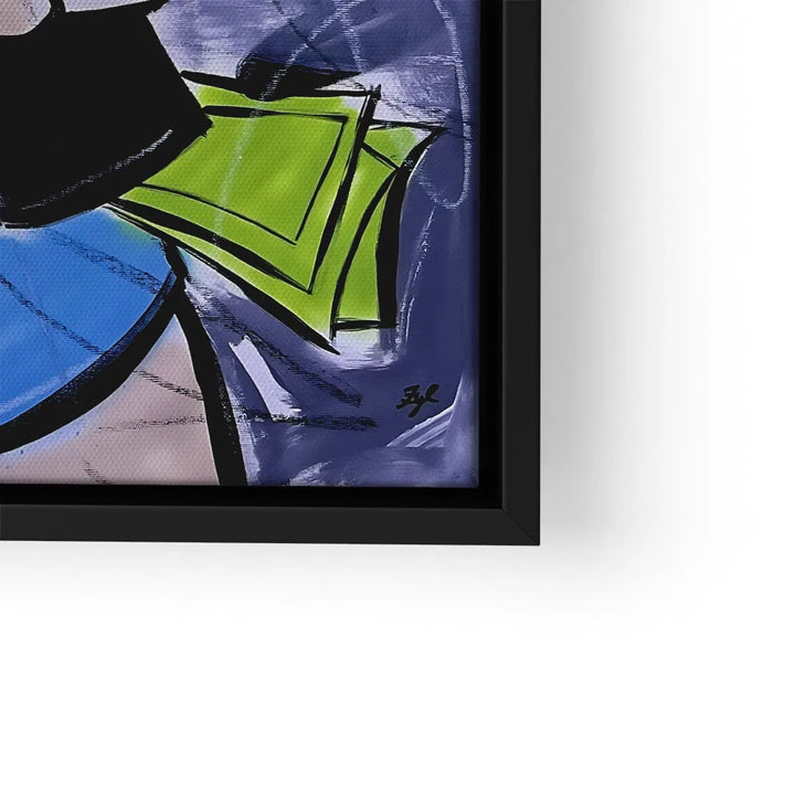 Modernes Wandbild mit abstrakter Jungenfigur in Blau und Grün, gerahmt, Kunstmotiv