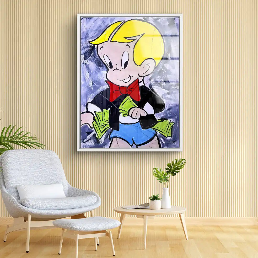 Modernes Pop Art Wandbild mit Comic-Junge, der Geldscheine hält, im Wohnzimmer