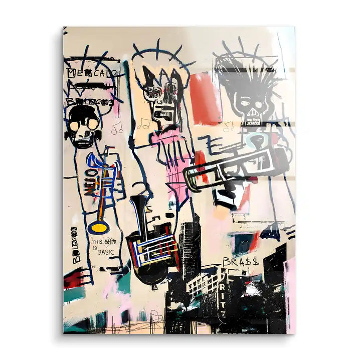 Modernes Wandbild mit abstrakter Brass Band, Musiker mit Instrumenten, Graffiti-Stil, Acryl