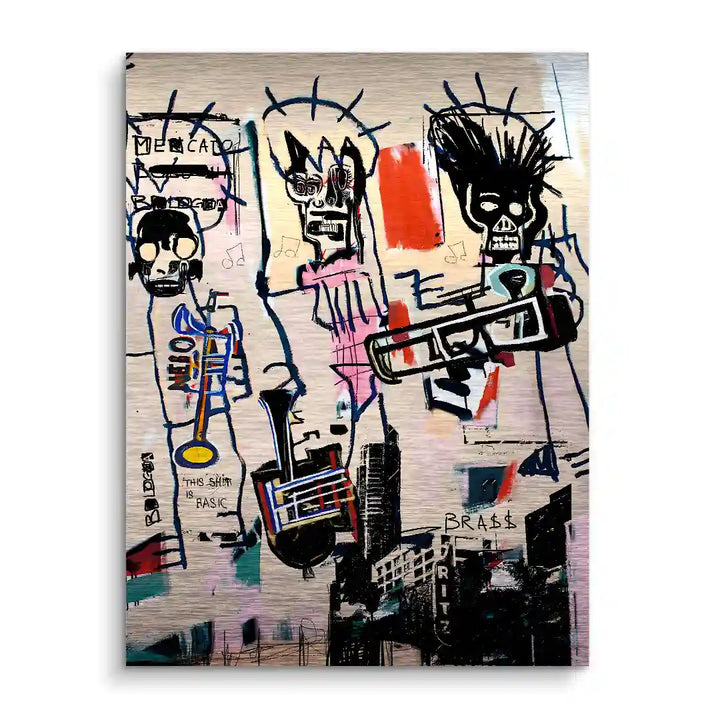 Modernes Wandbild im Stil der Street-Art mit abstrakten Musikern und Blasinstrumenten, Brass Band Kunst.