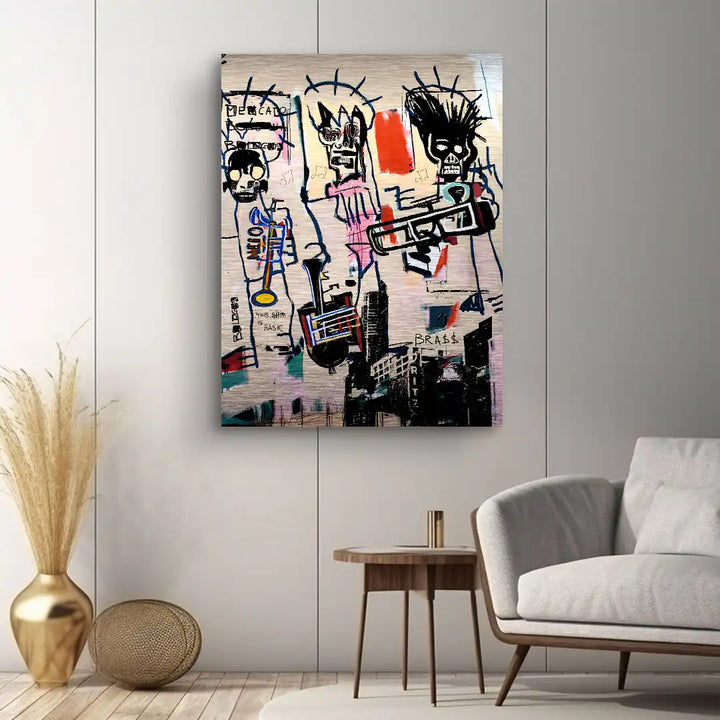 Modernes Wandbild im Wohnzimmer, zeigt abstrakte Jazz-Musiker mit Instrumenten und Graffiti-Stil.