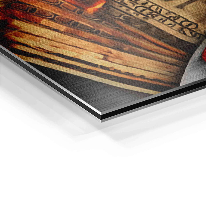 Detailaufnahme Wandbild mit brennendem Geldschein auf Aluminium, moderne Kunst