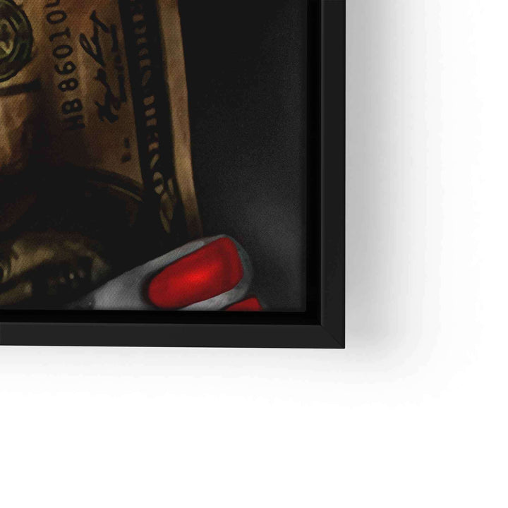 Detail eines Wandbilds mit Dollar-Geldschein und rotem Fingernagel, moderner Kunststil