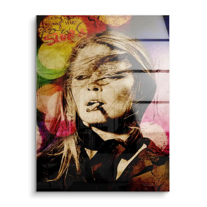 Wandbild Pop Art Frau mit Zigarette, bunte Graffiti-Elemente, moderner Kunstdruck