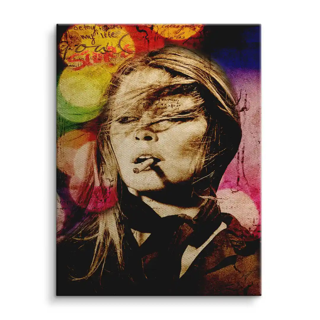 Pop Art Leinwandbild Frau mit Zigarette, bunte Farben und grafische Elemente