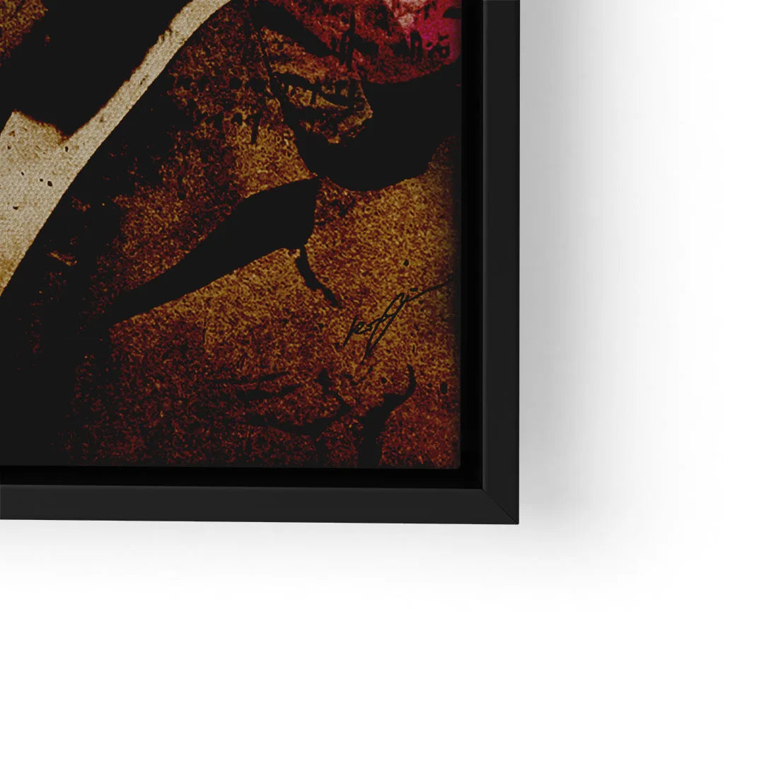 Detail eines gerahmten Pop Art Wandbilds mit abstraktem braunen Motiv auf Leinwand