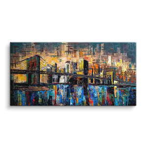 Modernes Wandbild Brooklyn Bridge mit bunter Skyline und abstrakter Maltechnik auf Leinwand