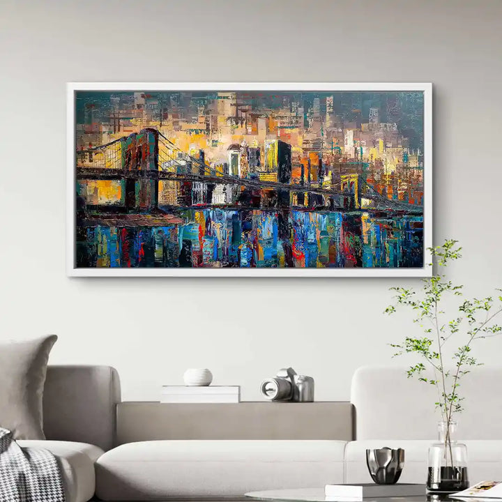 Modernes Wandbild Brooklyn Bridge mit bunten Farben, Skyline und Wasserreflexion, Wohnzimmer-Deko
