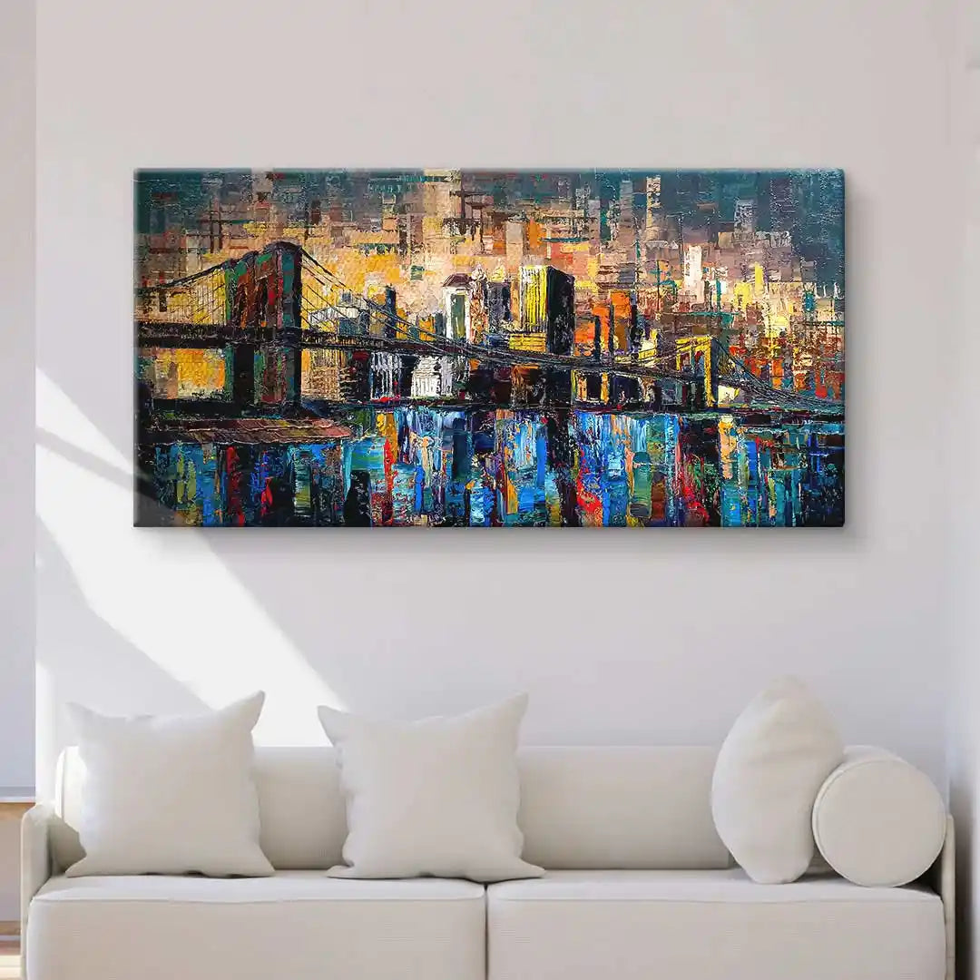 Modernes Wandbild mit bunter Brooklyn-Bridge und Skyline über Sofa im Wohnzimmer