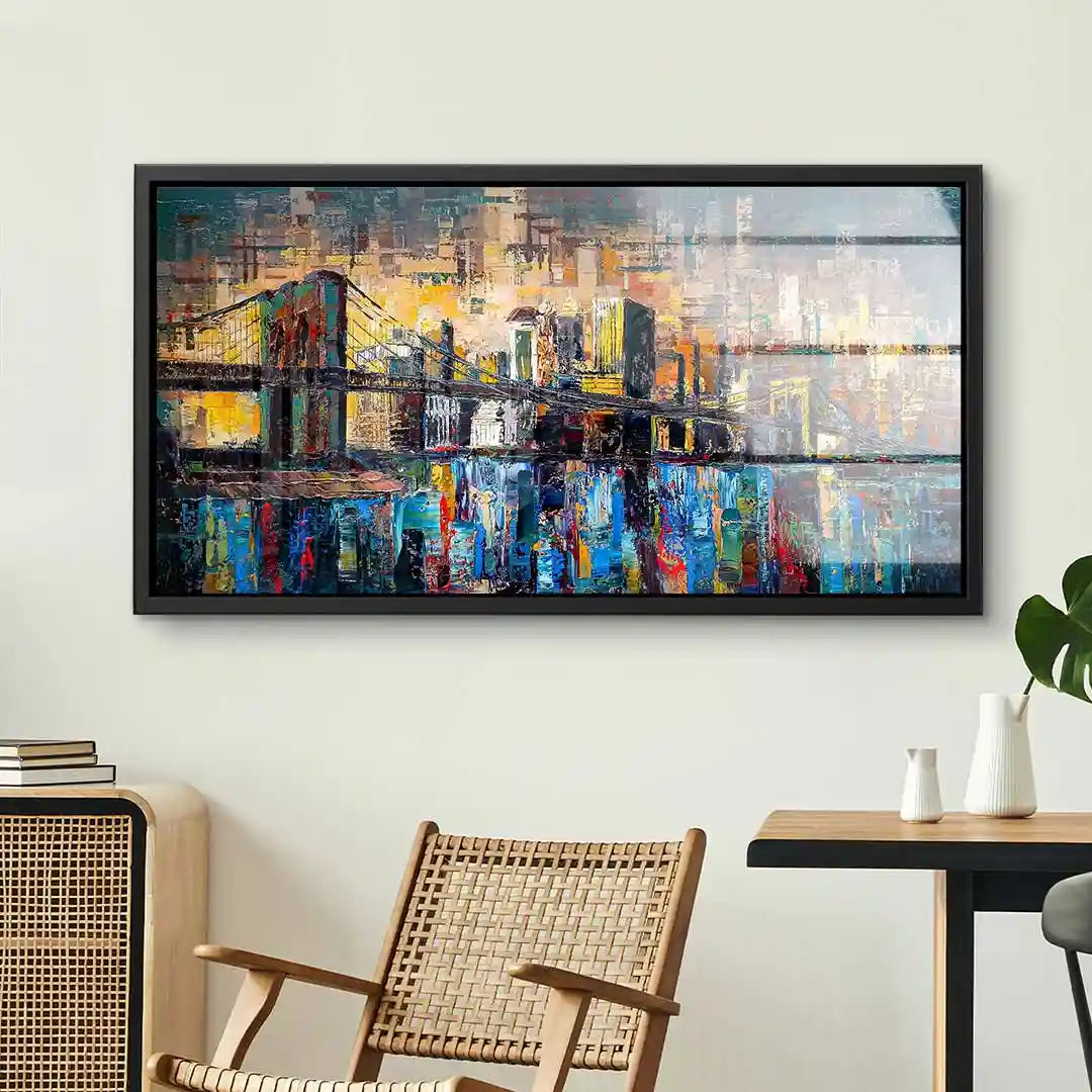 Modernes Wandbild Brooklyn Bridge im bunten Farbenmix als abstrakte Stadtlandschaft im Wohnzimmer