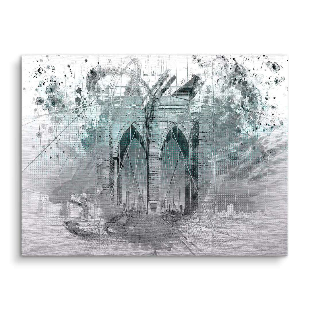 Modernes Wandbild der Brooklyn Bridge in grauen und türkisen Tönen, abstrakte Kunst