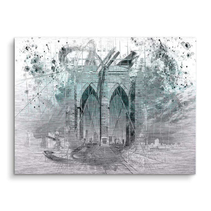 Modernes Wandbild der Brooklyn Bridge in grauen und türkisen Tönen, abstrakte Kunst
