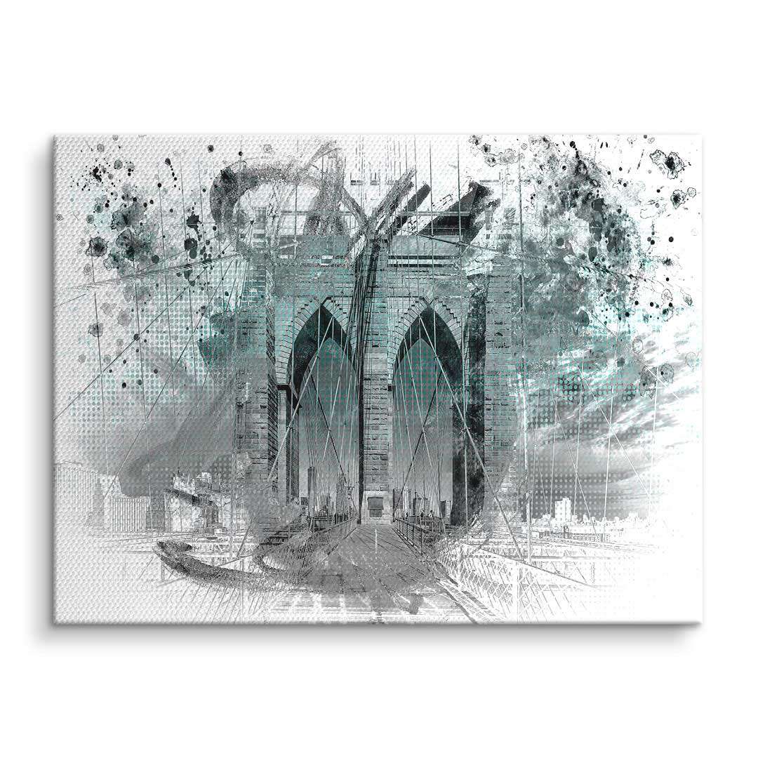 Modernes Wandbild der Brooklyn Bridge mit künstlerischen Graffiti- und Aquarellakzenten