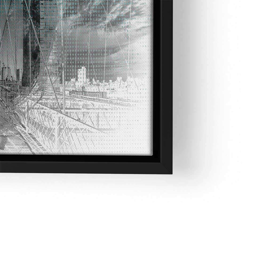 Modernes Wandbild mit Brooklyn Bridge, schwarz-weiß, Stadtmotiv auf Leinwand im schwarzen Rahmen