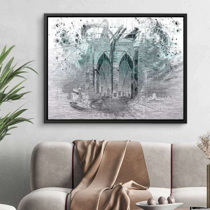 Modernes Wandbild mit künstlerischer Darstellung der Brooklyn Bridge über Sofa im Wohnzimmer