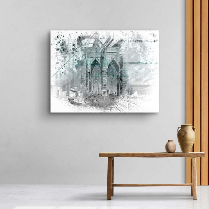 Modernes Wandbild mit Brooklyn Bridge, abstrakte Kunst in Grautönen an grauer Wand