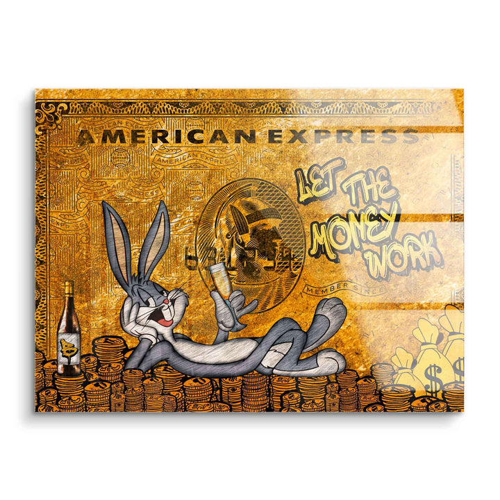 Wandbild mit Cartoon-Hase auf goldener Kreditkarte, Geldmünzen und Spruch Let the money work