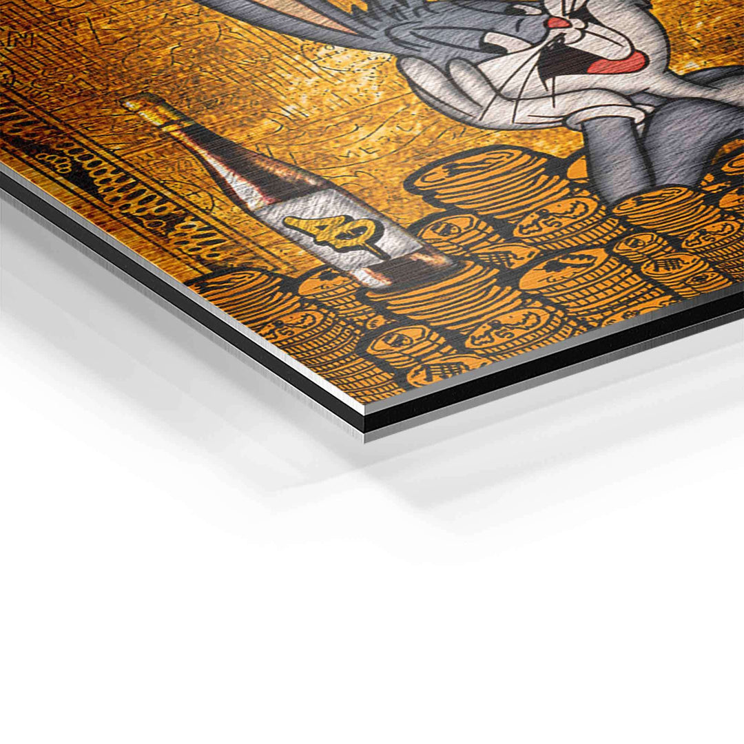 Detail eines Wandbilds mit Comicfigur, goldener Kreditkarte und Stapeln von Münzen