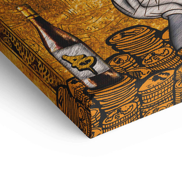 Detail eines Pop Art Wandbilds mit goldenen Kreditkartenelementen, Flasche und Münzstapeln