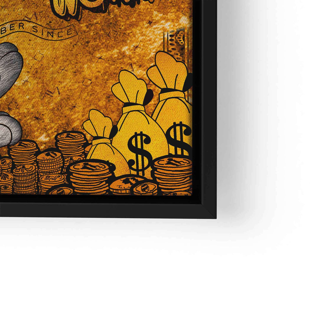 Comic Wandbild mit Geldsäcken, Münzen und goldenem Hintergrund, Pop Art Stil