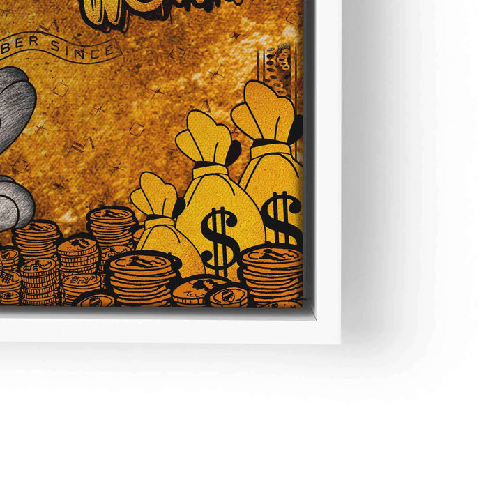 Wandbild im Pop Art Stil mit Comic-Hase, Geldsäcken und Münzen auf goldener Kreditkarte