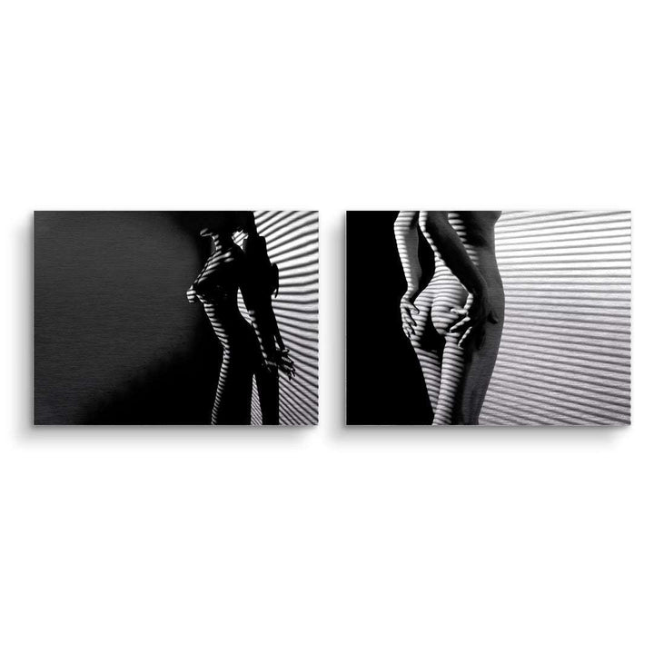 Zweiteiliges Wandbild-Set mit schwarzer und weißer Frauen Silhouette, abstrakte Linienmuster