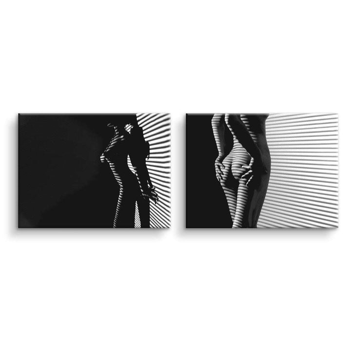 Schwarz-weiß Leinwand mit abstrakter Frauen Silhouette und Lichtstreifen, Wandbild modern