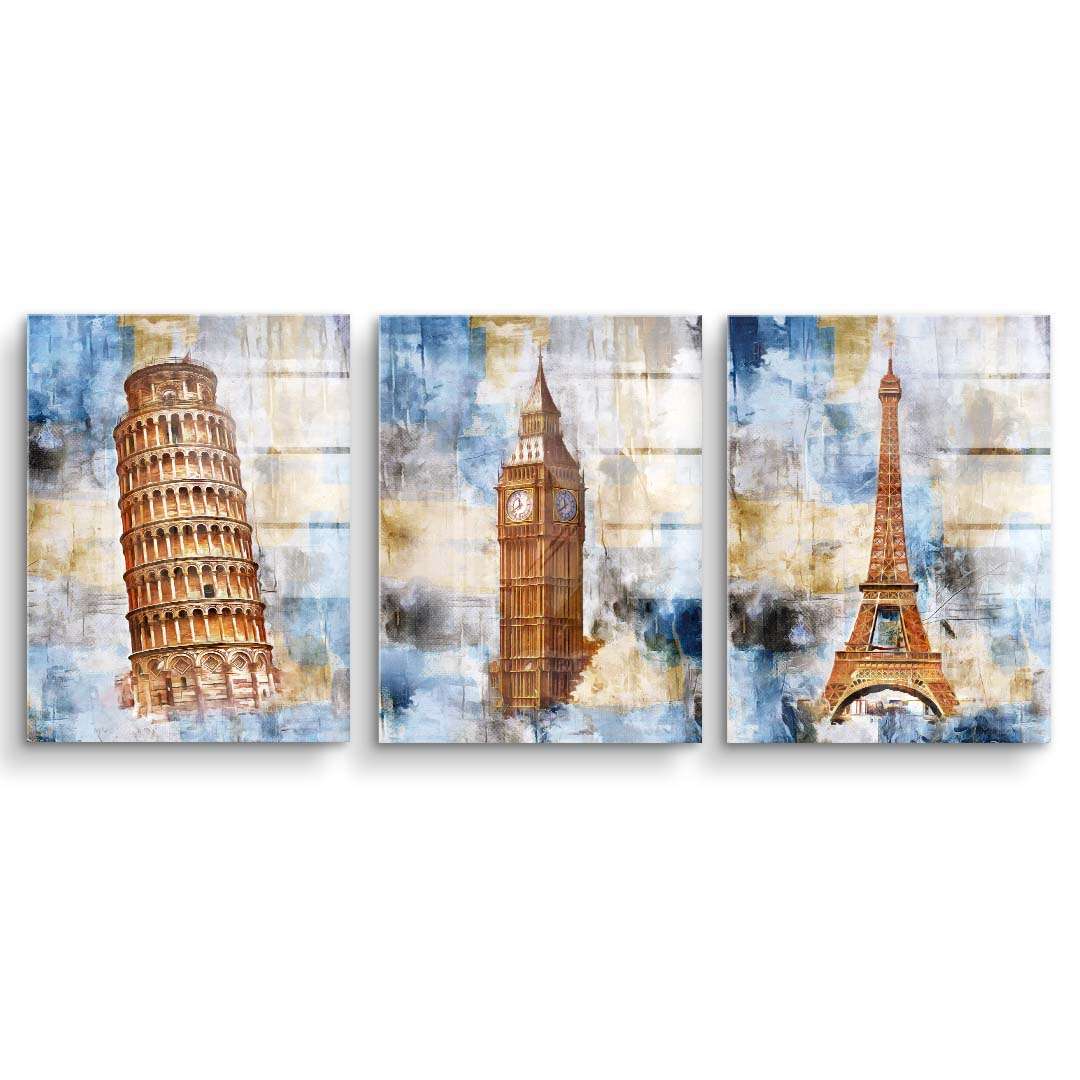 Wandbild-Set mit schiefer Turm von Pisa, Big Ben und Eiffelturm im modernen Acrylstil