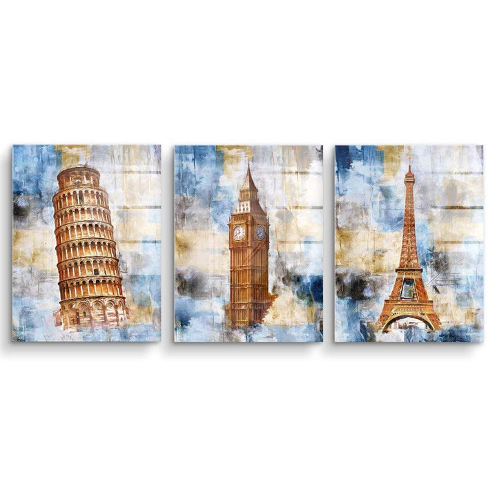 Wandbild-Set mit schiefer Turm von Pisa, Big Ben und Eiffelturm im modernen Acrylstil