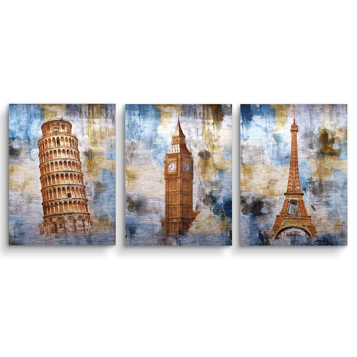 Wandbild-Set mit Eiffelturm, schiefem Turm von Pisa und Big Ben auf abstraktem Hintergrund