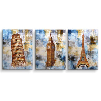 Wandbild-Set mit Eiffelturm, Big Ben und Schiefer Turm von Pisa auf moderner Leinwand
