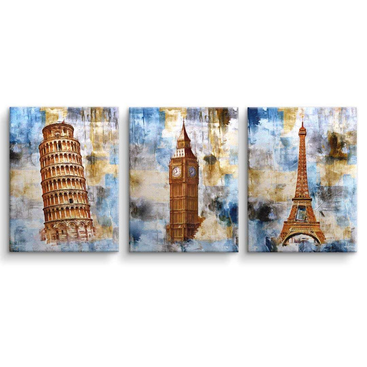 Wandbild-Set mit Eiffelturm, Big Ben und Schiefer Turm von Pisa auf moderner Leinwand