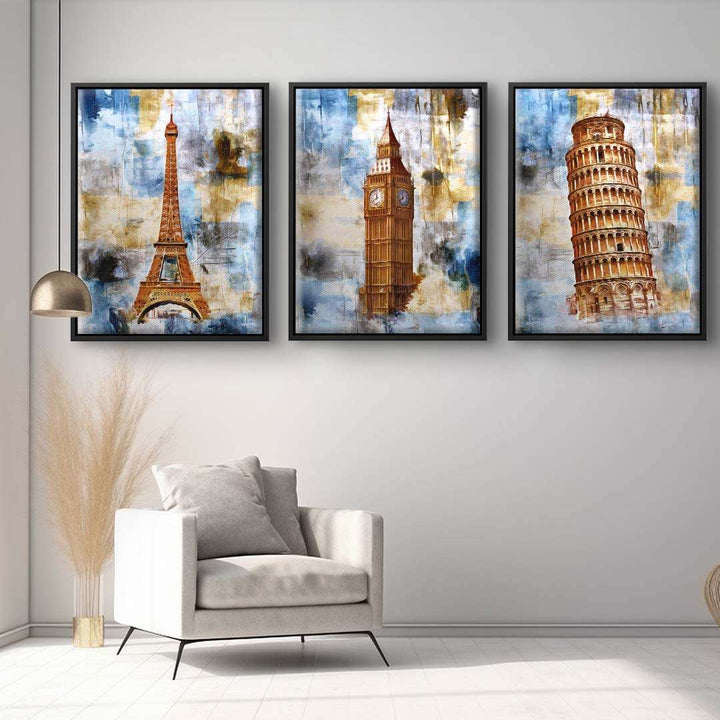 Wandbild-Set mit Eiffelturm, Big Ben und Schiefer Turm von Pisa im modernen Wohnzimmer
