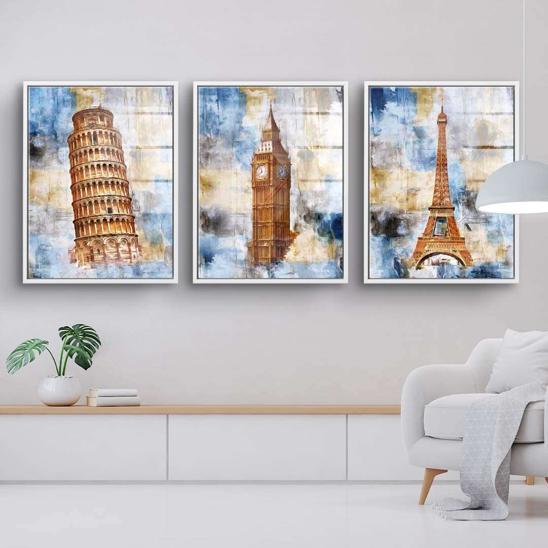 Wandbilder-Set mit schiefer Turm von Pisa, Big Ben und Eiffelturm in modernem Wohnzimmer