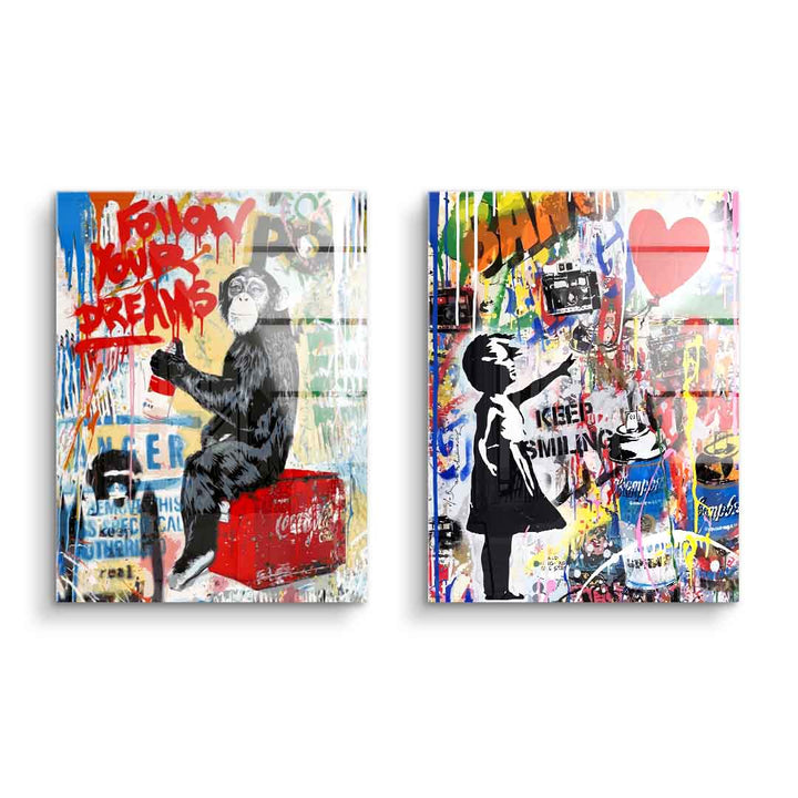 Modernes Wandbild-Bundle im Streetart-Stil mit Affe, Mädchen, Graffiti und bunten Farbflecken.